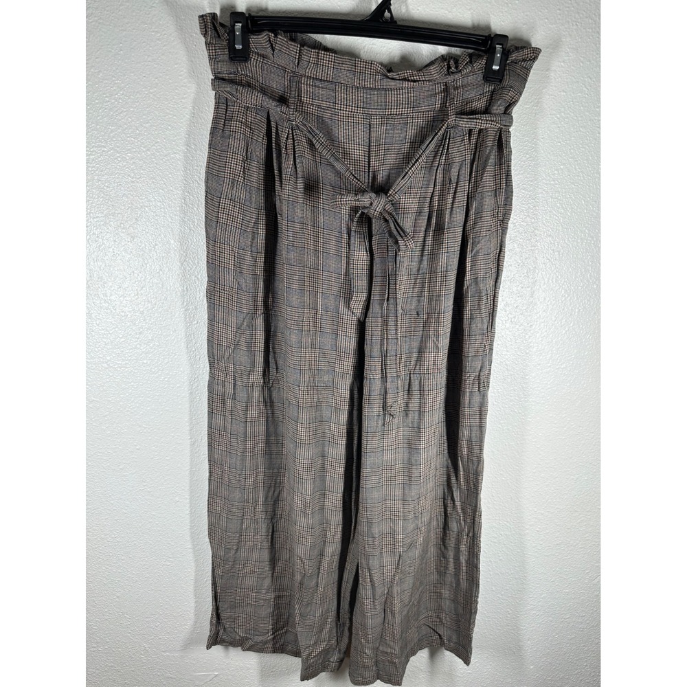 American Eagle Pants Womens L Brown Plaid Paperbag Waist Wide Leg Cropped